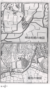 上牧町史編纂の際（昭和50年ごろ）に発見された明治初期の上牧の地図と現在の上牧の地図の写真