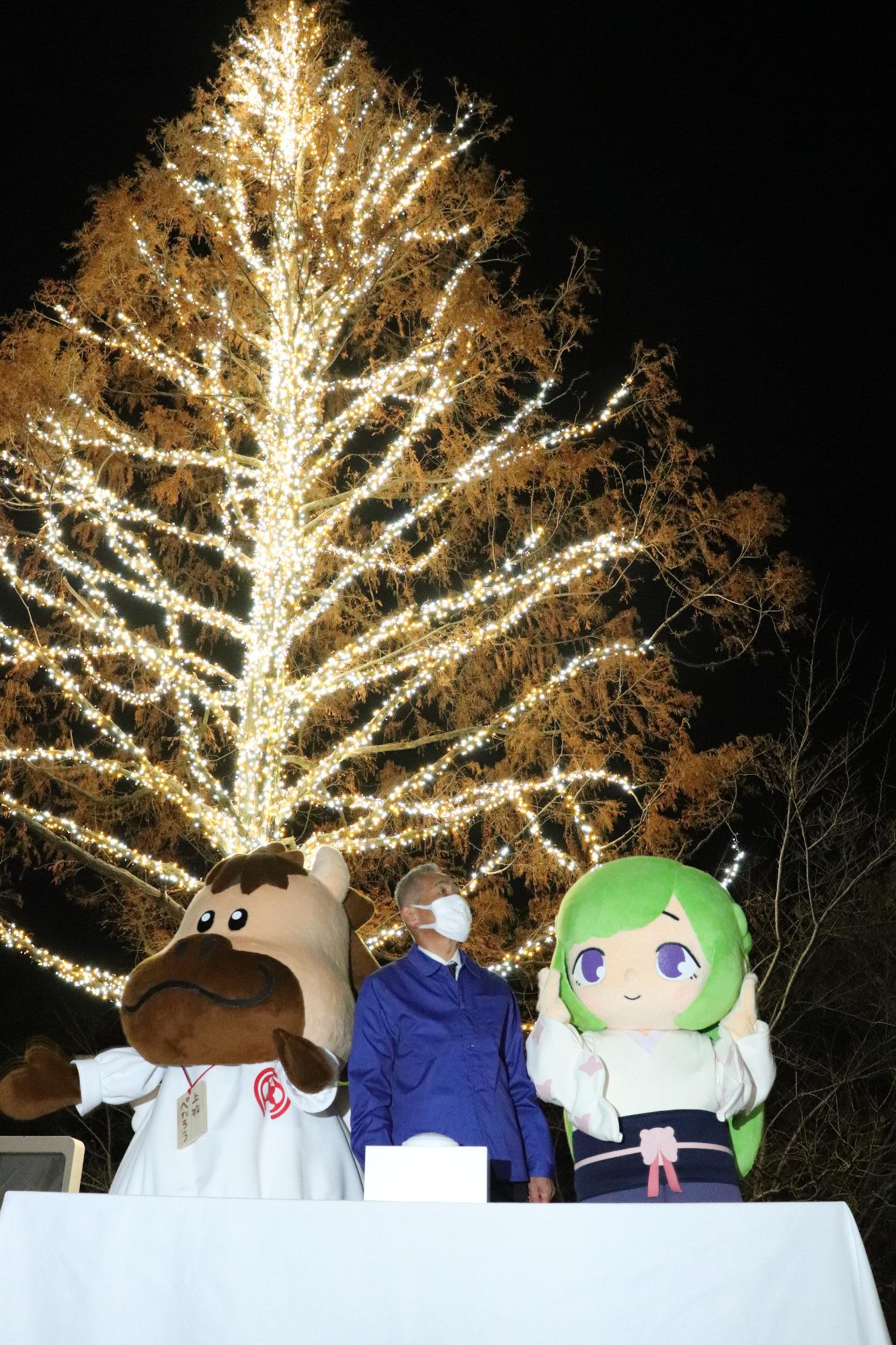 令和4年12月1日に行われた役場前メタセコイアのイルミネーション点灯式の写真