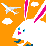 耳の長いウサギのような動物と空を飛んでいる飛行機のイラスト