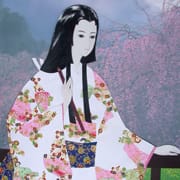 白地にピンク色の花の模様が入った着物を着た佐葦姫のイラスト