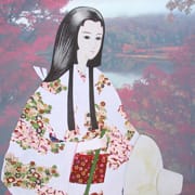 紅葉で色づいた山々を背景に笠と杖を持っている佐葦姫のイラスト