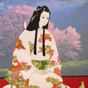 満開に咲いてる桜の花、白地に朱色の模様が入った着物を着た佐葦が座っているイラスト