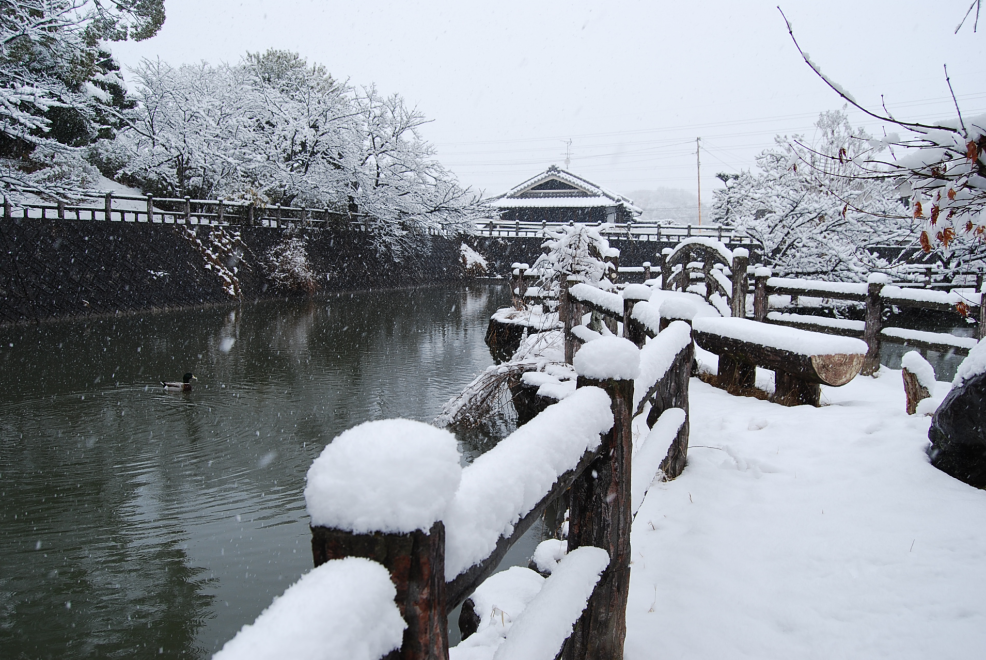 川の中央に設置された通路に雪が積もっている風景写真
