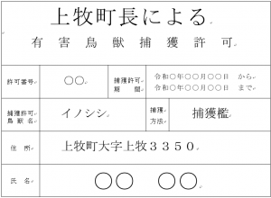 わなの設置場所に掲示される看板(上牧町の有害鳥獣捕獲許可証)の参考画像